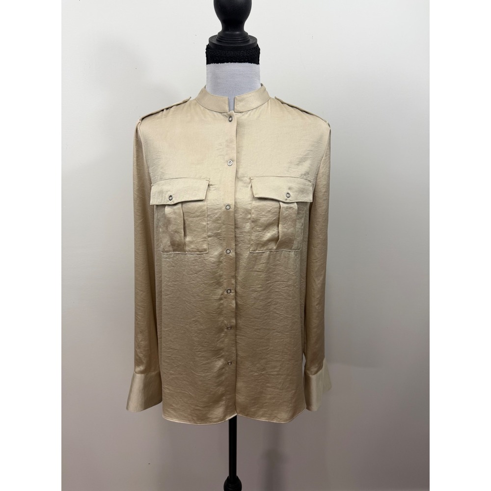 Elie Tahari Champagne Gold Satin Military Blouse Snap Front E3027500 Small